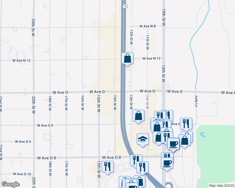 map of restaurants, bars, coffee shops, grocery stores, and more near 40328 13th Street West in Palmdale
