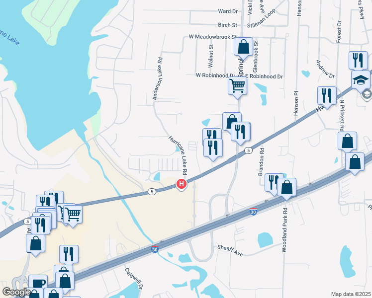 map of restaurants, bars, coffee shops, grocery stores, and more near 2622 Hurricane Lake Road in Bryant