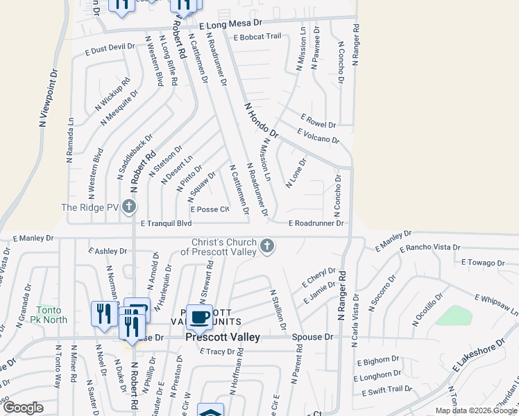 map of restaurants, bars, coffee shops, grocery stores, and more near 5060 North Roadrunner Drive in Prescott Valley