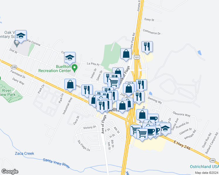 map of restaurants, bars, coffee shops, grocery stores, and more near 98 2nd Street in Buellton