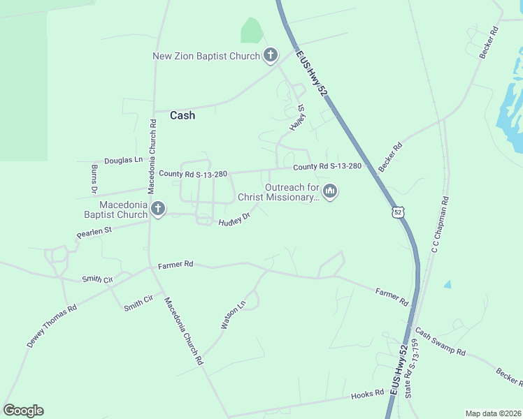 map of restaurants, bars, coffee shops, grocery stores, and more near Outreach Church Road in Cash