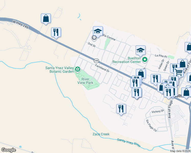 map of restaurants, bars, coffee shops, grocery stores, and more near 491 Meadow View Drive in Buellton