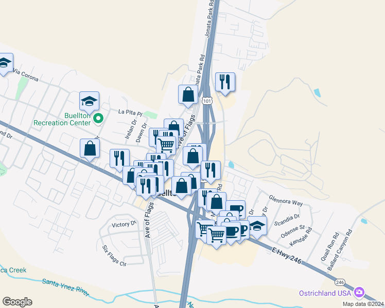 map of restaurants, bars, coffee shops, grocery stores, and more near 86 2nd Street in Buellton
