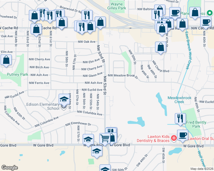 map of restaurants, bars, coffee shops, grocery stores, and more near 455 Northwest 53rd Street in Lawton