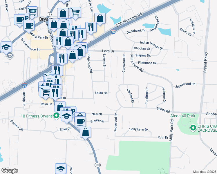 map of restaurants, bars, coffee shops, grocery stores, and more near 2408 Lavern Street in Bryant