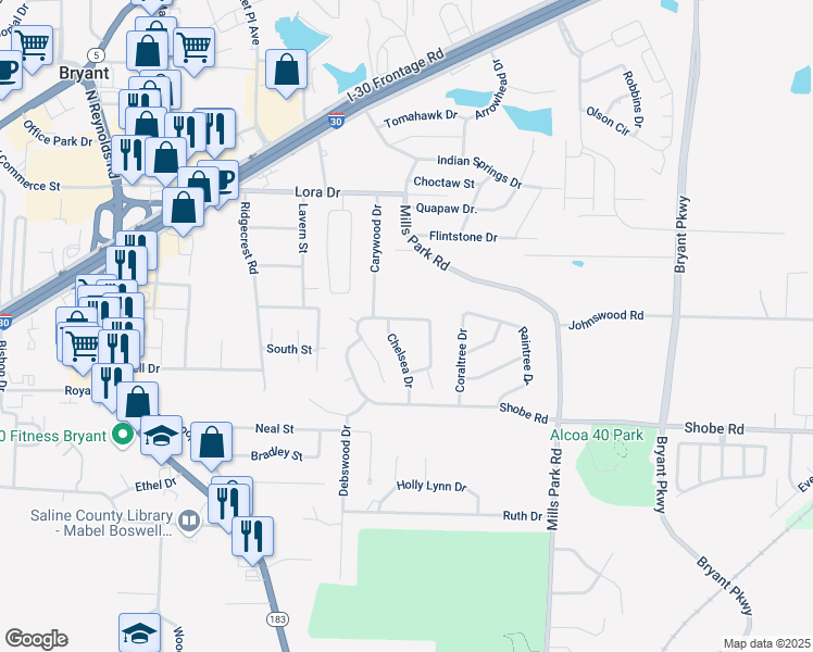map of restaurants, bars, coffee shops, grocery stores, and more near 708 Pattywood Drive in Bryant