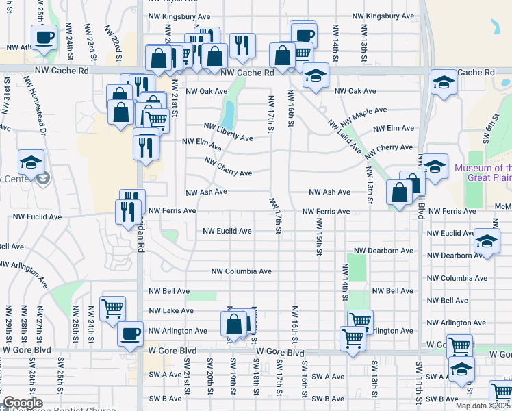 map of restaurants, bars, coffee shops, grocery stores, and more near 1706 Northwest Ash Avenue in Lawton