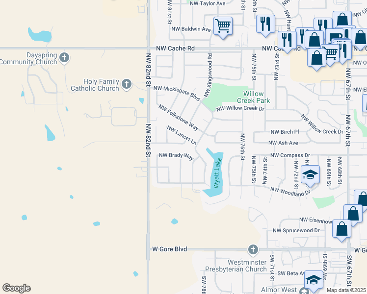 map of restaurants, bars, coffee shops, grocery stores, and more near 7706 Northwest Chesley Drive in Lawton