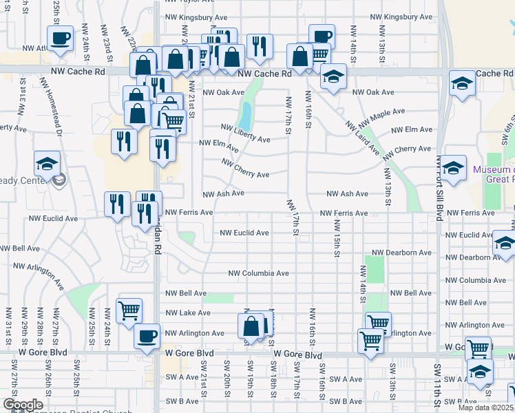 map of restaurants, bars, coffee shops, grocery stores, and more near 1724 Northwest Ash Avenue in Lawton