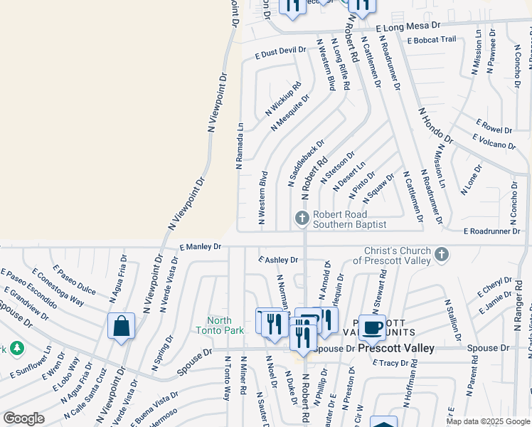 map of restaurants, bars, coffee shops, grocery stores, and more near 5115 North Western Boulevard in Prescott Valley