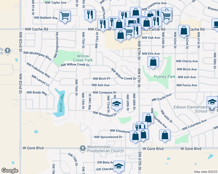 map of restaurants, bars, coffee shops, grocery stores, and more near 7112 Northwest Ash Avenue in Lawton