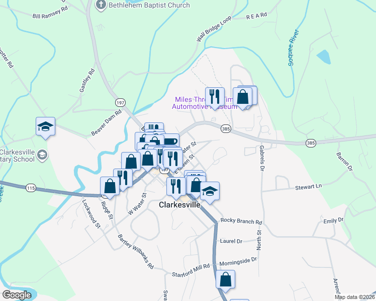 map of restaurants, bars, coffee shops, grocery stores, and more near 237 Wilson Street in Clarkesville