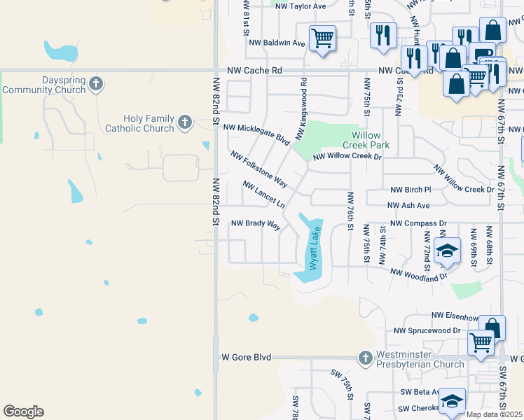 map of restaurants, bars, coffee shops, grocery stores, and more near 7708 Northwest Chesley Drive in Lawton