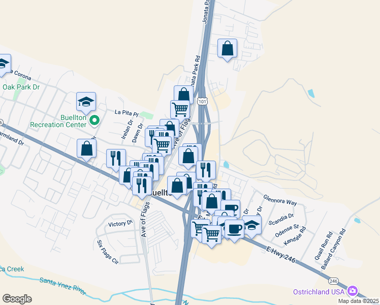 map of restaurants, bars, coffee shops, grocery stores, and more near 550 Avenue Of The Flags in Buellton