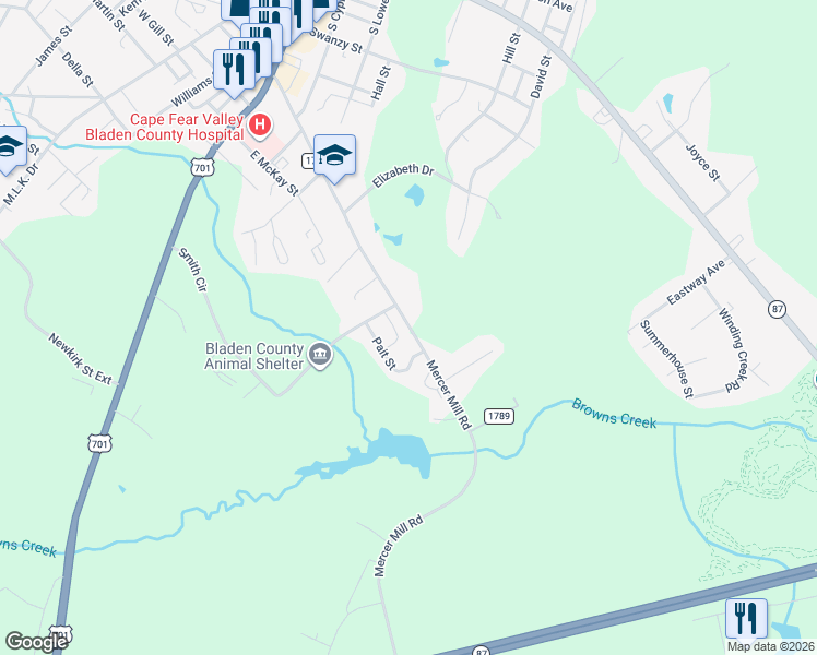 map of restaurants, bars, coffee shops, grocery stores, and more near 605 Mercer Mill Road in Elizabethtown