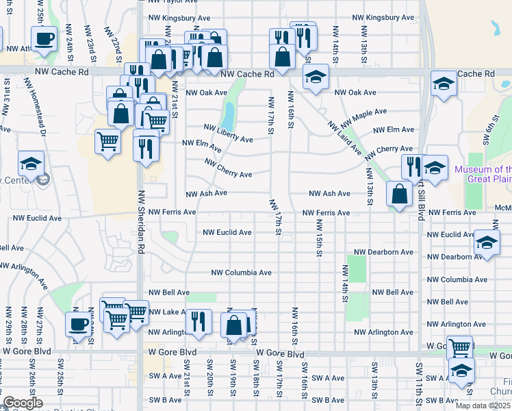 map of restaurants, bars, coffee shops, grocery stores, and more near 1706 Northwest Ash Avenue in Lawton
