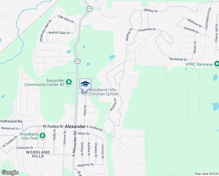map of restaurants, bars, coffee shops, grocery stores, and more near 14676 Skyline Drive in Alexander