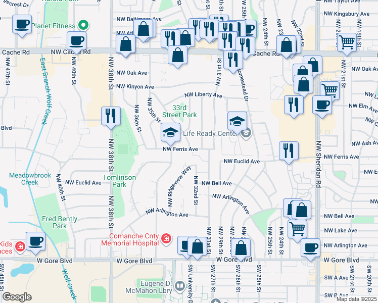 map of restaurants, bars, coffee shops, grocery stores, and more near 3124 Northwest Ferris Avenue in Lawton