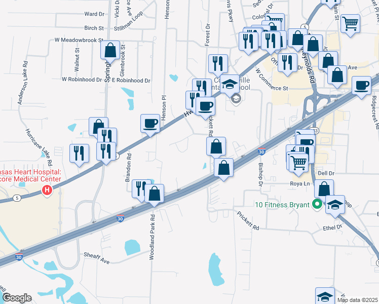 map of restaurants, bars, coffee shops, grocery stores, and more near 1821 Pine Circle in Bryant