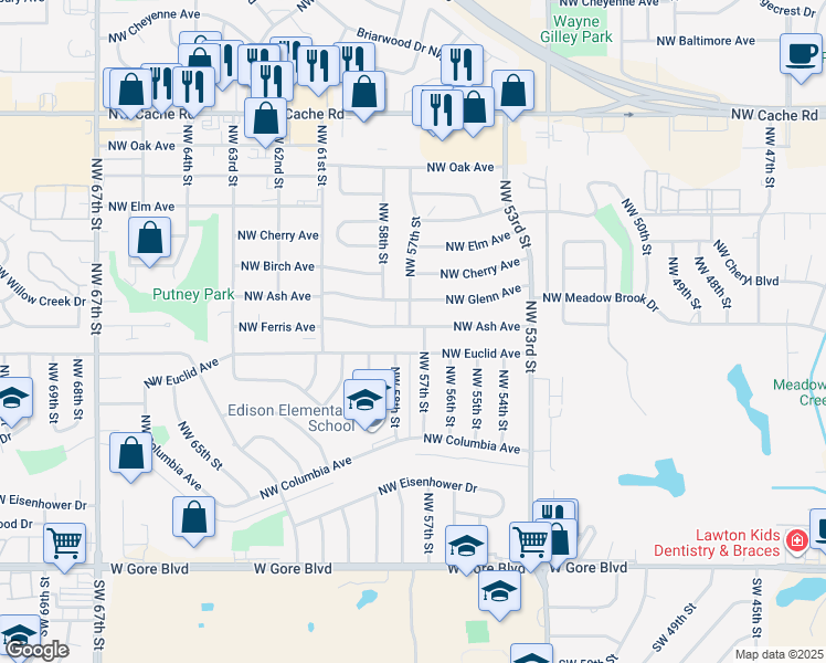 map of restaurants, bars, coffee shops, grocery stores, and more near 5704 Northwest Ash Avenue in Lawton