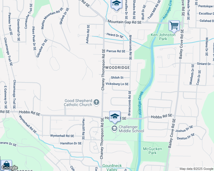 map of restaurants, bars, coffee shops, grocery stores, and more near 1003 Vicksburg Lane Southeast in Huntsville