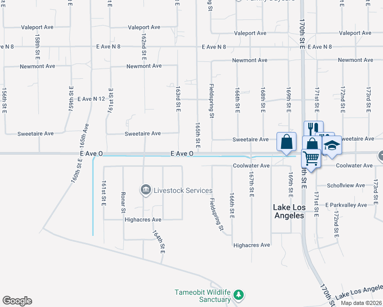 map of restaurants, bars, coffee shops, grocery stores, and more near 16520 East Avenue O in Lake Los Angeles