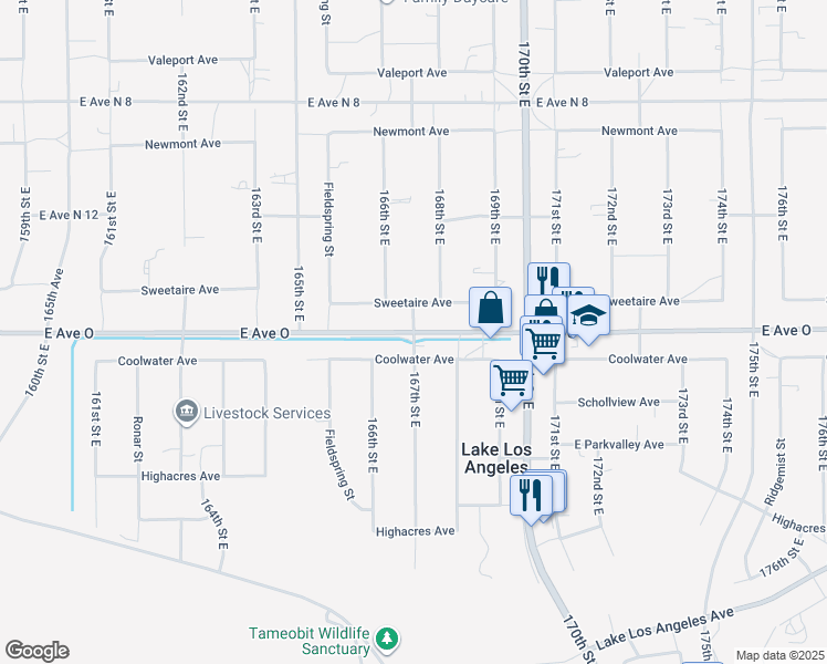 map of restaurants, bars, coffee shops, grocery stores, and more near East Avenue O in Palmdale