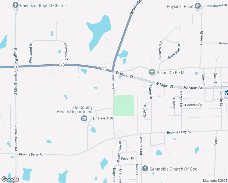 map of restaurants, bars, coffee shops, grocery stores, and more near 114 Matthews Drive in Senatobia