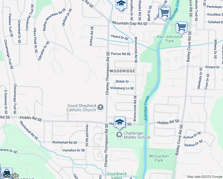 map of restaurants, bars, coffee shops, grocery stores, and more near 1003 Vicksburg Lane Southeast in Huntsville