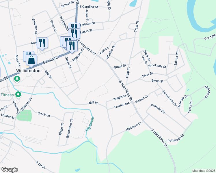 map of restaurants, bars, coffee shops, grocery stores, and more near 316 South Hamilton Street in Williamston