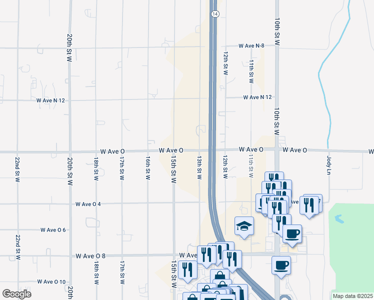 map of restaurants, bars, coffee shops, grocery stores, and more near West Avenue O in Palmdale