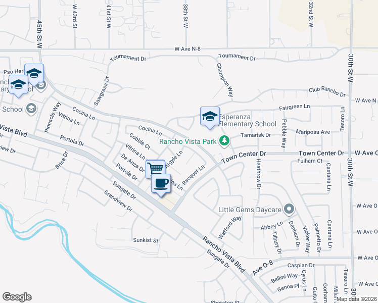 map of restaurants, bars, coffee shops, grocery stores, and more near 3758 Cocina Lane in Palmdale