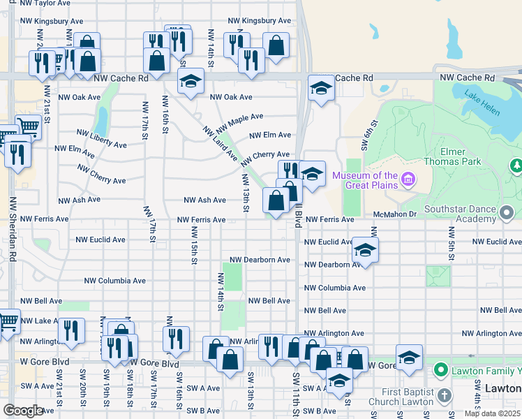 map of restaurants, bars, coffee shops, grocery stores, and more near 706 Northwest Laird Avenue in Lawton