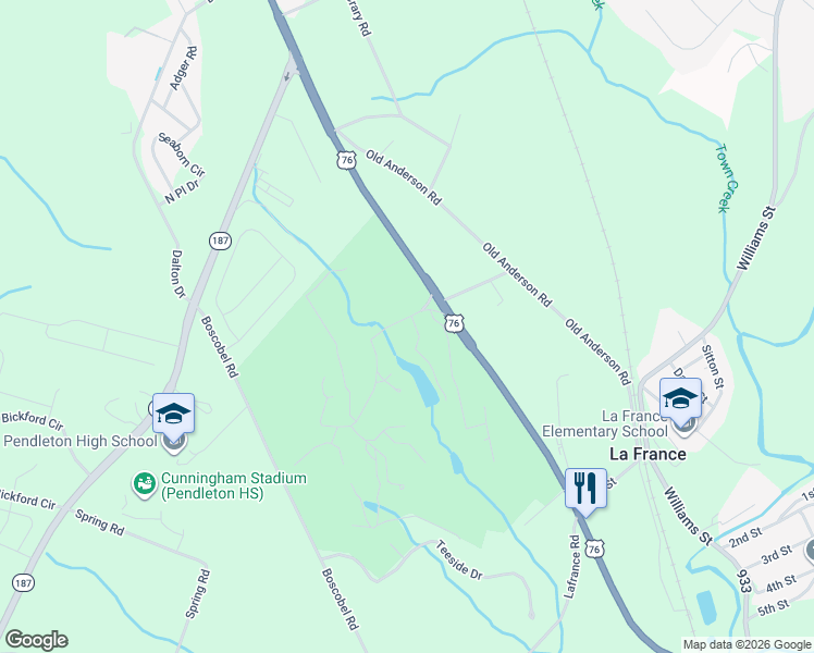 map of restaurants, bars, coffee shops, grocery stores, and more near 101 Kenneth Court in Pendleton