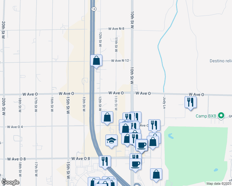 map of restaurants, bars, coffee shops, grocery stores, and more near 11th Street West in Palmdale