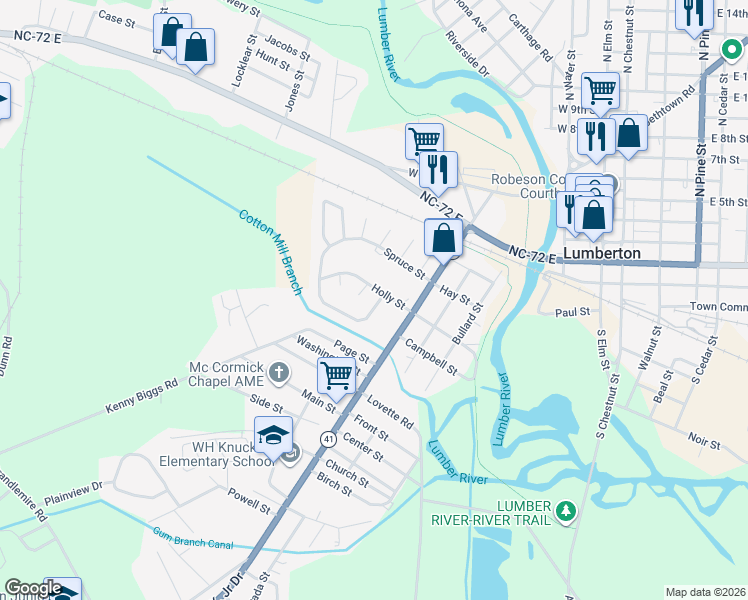 map of restaurants, bars, coffee shops, grocery stores, and more near 319-405 Holly Street in Lumberton