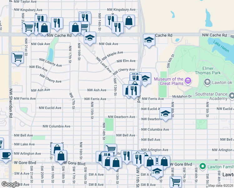 map of restaurants, bars, coffee shops, grocery stores, and more near 705 Northwest 13th Street in Lawton