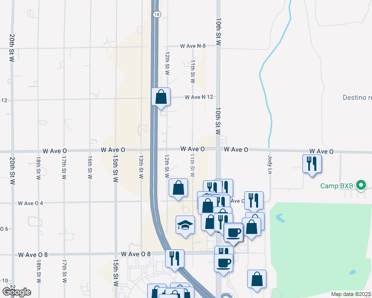 map of restaurants, bars, coffee shops, grocery stores, and more near 1110 West Avenue O in Palmdale