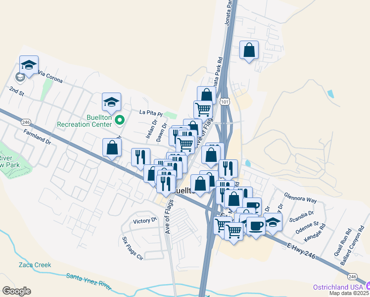 map of restaurants, bars, coffee shops, grocery stores, and more near 545 Avenue Of The Flags in Buellton