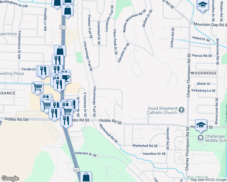 map of restaurants, bars, coffee shops, grocery stores, and more near 523 Farmingdale Road Southeast in Huntsville
