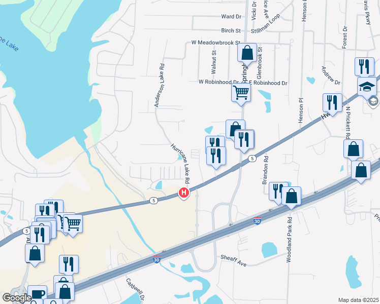 map of restaurants, bars, coffee shops, grocery stores, and more near 2622 Hurricane Lake Road in Bryant