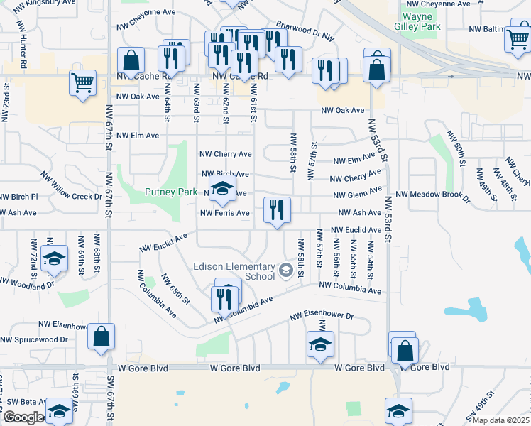 map of restaurants, bars, coffee shops, grocery stores, and more near 5727 Northwest Ash Avenue in Lawton