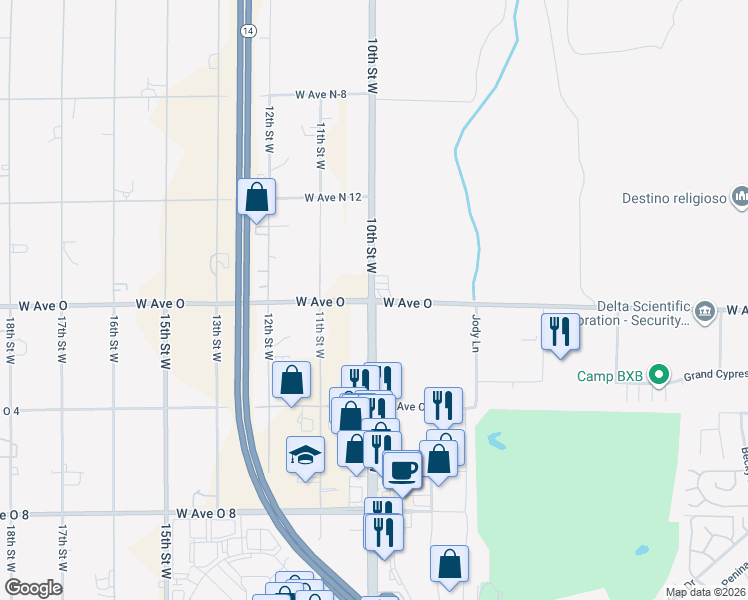 map of restaurants, bars, coffee shops, grocery stores, and more near 1003 West Avenue O in Palmdale