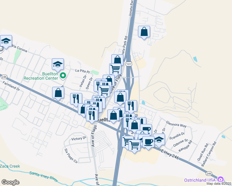 map of restaurants, bars, coffee shops, grocery stores, and more near 550 Avenue Of The Flags in Buellton