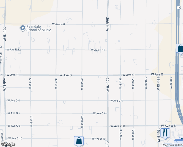 map of restaurants, bars, coffee shops, grocery stores, and more near 20th Street West in Palmdale
