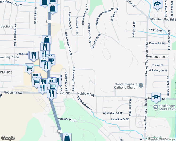 map of restaurants, bars, coffee shops, grocery stores, and more near 523 Farmingdale Road Southeast in Huntsville