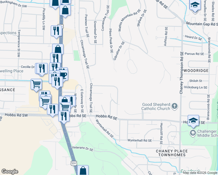 map of restaurants, bars, coffee shops, grocery stores, and more near 526 Farmingdale Road Southeast in Huntsville