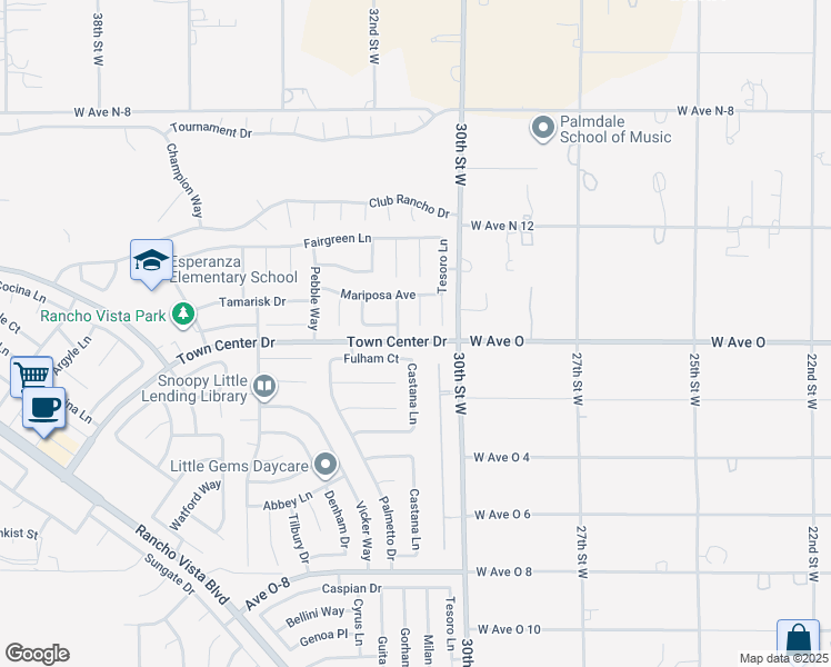 map of restaurants, bars, coffee shops, grocery stores, and more near 40407 Milan Drive in Palmdale