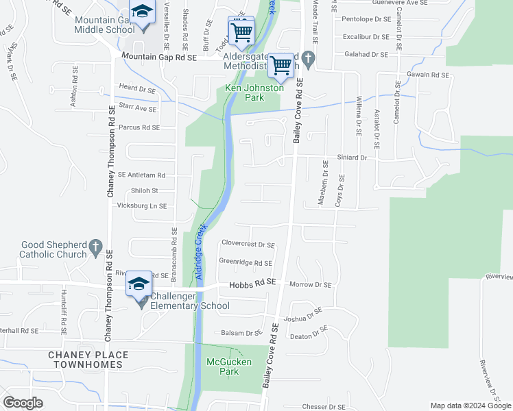 map of restaurants, bars, coffee shops, grocery stores, and more near 1098 Leeward Drive Southeast in Huntsville