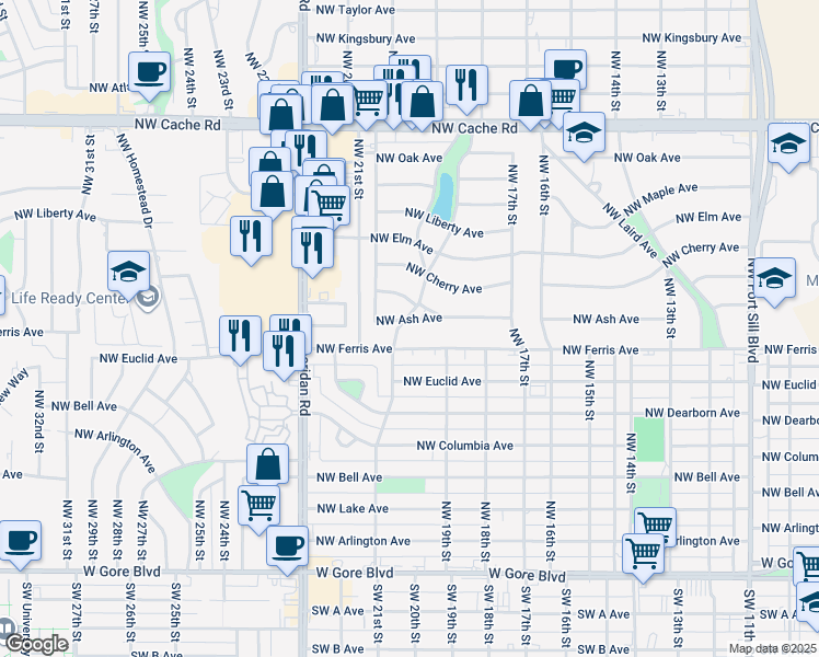 map of restaurants, bars, coffee shops, grocery stores, and more near 1740 Northwest Ash Avenue in Lawton